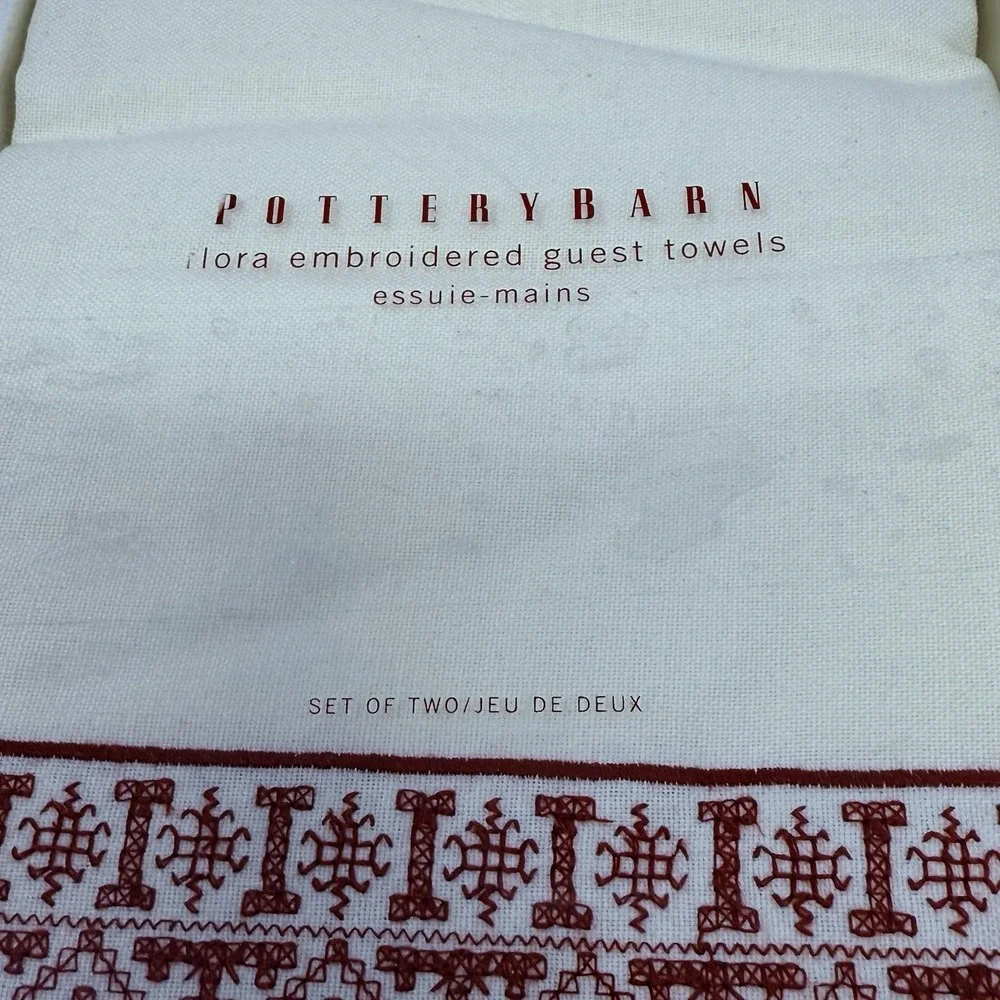 Pottery Barn Flora Embroidered Guest Towels Set Of 2 in Box - Red/Cream